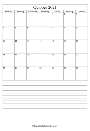 printable october calendar 2021 with notes (portrait layout)