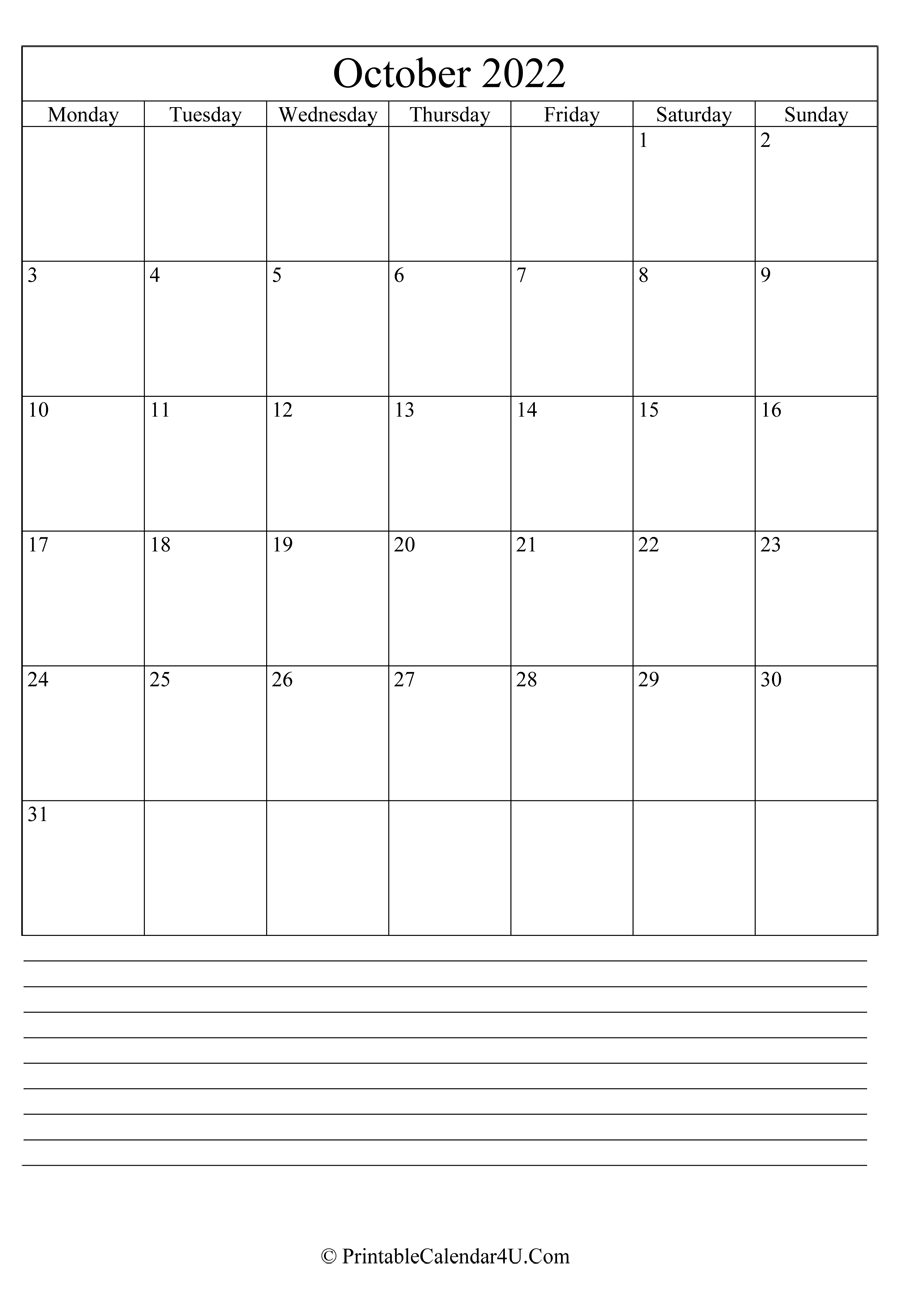 printable october calendar 2022 with notes in portrait layout