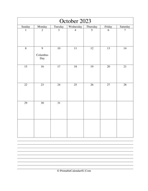 printable october calendar 2023 with notes (portrait layout)