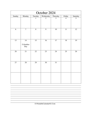printable october calendar 2024 with notes (portrait layout)