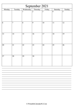 printable september calendar 2021 with notes (portrait layout)
