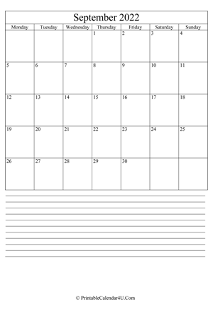 printable september calendar 2022 with notes (portrait layout)