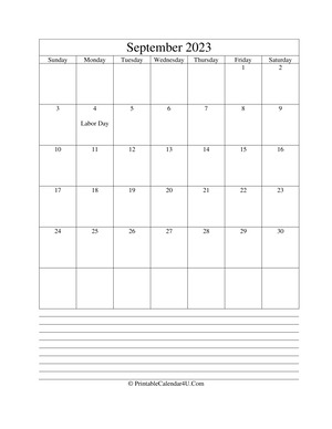 printable september calendar 2023 with notes (portrait layout)