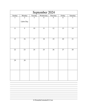 printable september calendar 2024 with notes (portrait layout)