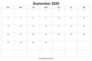 september 2020 calendar printable landscape layout
