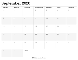 september 2020 calendar printable week starts on sunday