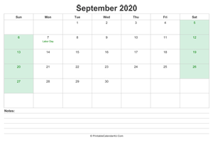 september 2020 calendar with us holidays and notes landscape layout