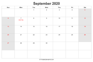 september 2020 calendar with us holidays highlighted landscape layout
