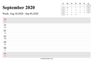 september 2020 weekly calendar with us holidays landscape layout