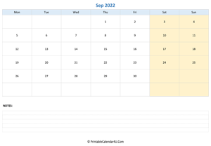 september 2022 calendar editable with notes horizontal layout