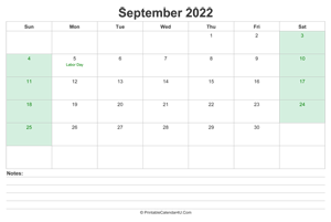 september 2022 calendar with us holidays and notes landscape layout