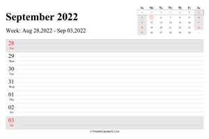 september 2022 weekly calendar with us holidays landscape layout