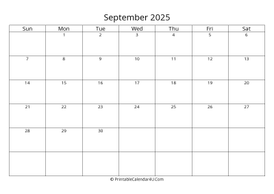 september 2025 calendar printable landscape layout