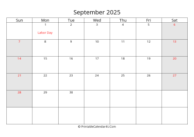 september 2025 calendar with us holidays highlighted landscape layout