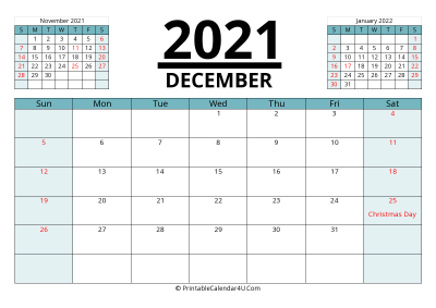 2021 calendar december with previous and next month