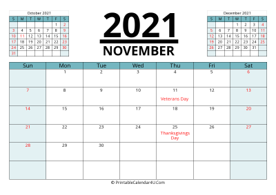 2021 calendar november with previous and next month