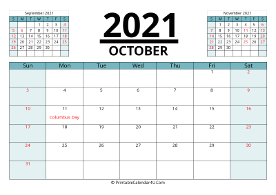 2021 calendar october with previous and next month