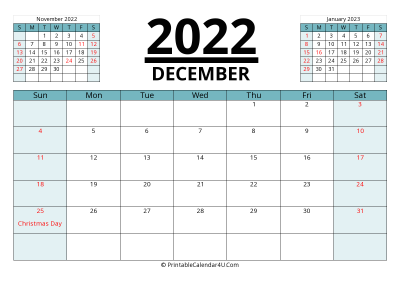 2022 calendar december with previous and next month
