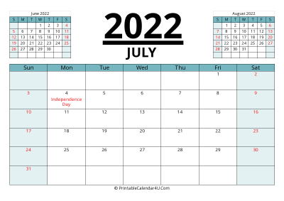 2022 calendar july with previous and next month