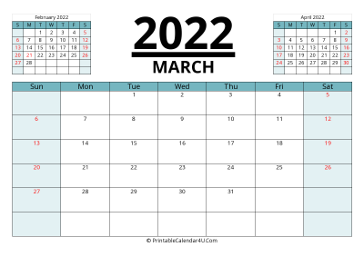 2022 calendar march with previous and next month