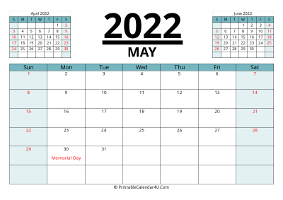 2022 calendar may with previous and next month