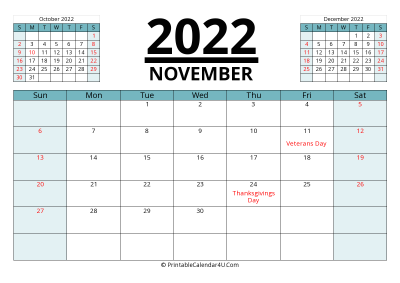 2022 calendar november with previous and next month
