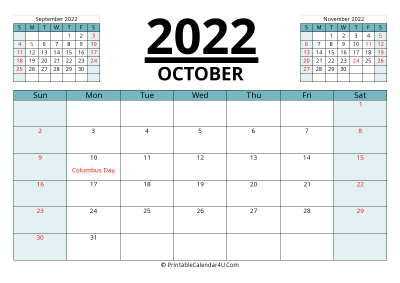 2022 calendar october with previous and next month