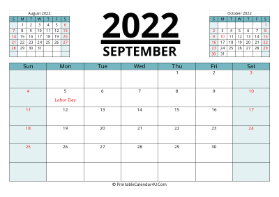 2022 calendar september with previous and next month
