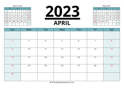 2023 calendar april with previous and next month