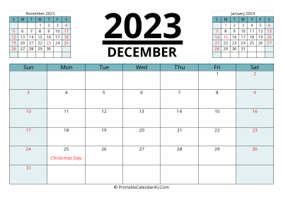 2023 calendar december with previous and next month