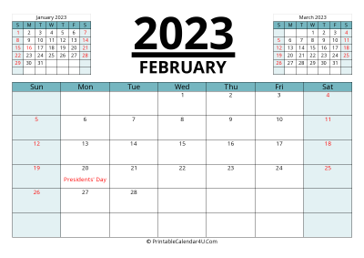 2023 calendar february with previous and next month