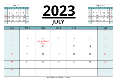 2023 calendar july with previous and next month