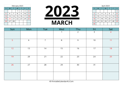 2023 calendar march with previous and next month