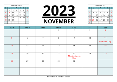 2023 calendar november with previous and next month