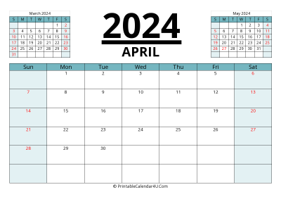 2024 calendar april with previous and next month