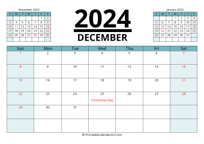 2024 calendar december with previous and next month