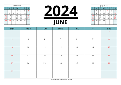 2024 calendar june with previous and next month