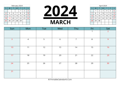 2024 calendar march with previous and next month