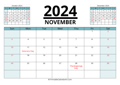 2024 calendar november with previous and next month
