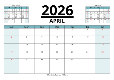 2026 calendar april with previous and next month