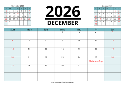 2026 calendar december with previous and next month