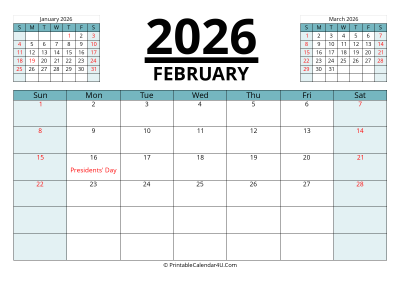 2026 calendar february with previous and next month