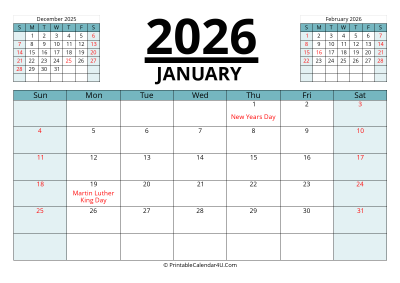 2026 calendar january with previous and next month