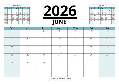 2026 calendar june with previous and next month