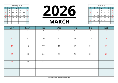 2026 calendar march with previous and next month