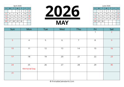 2026 calendar may with previous and next month