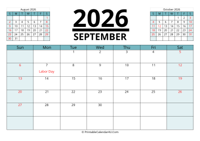 2026 calendar september with previous and next month