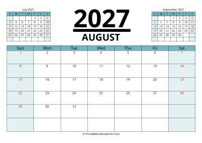 2027 calendar august with previous and next month