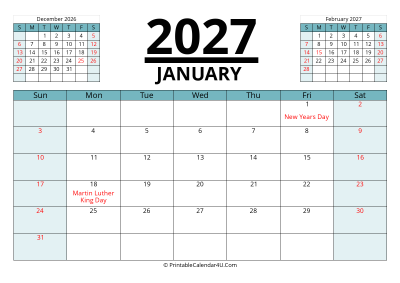 2027 calendar january with previous and next month
