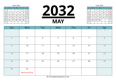 2032 calendar may with previous and next month